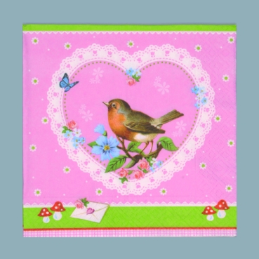 Lunch Serviette Vogel im Herz rosa bunt pro Stück