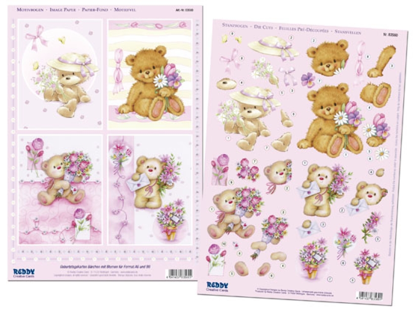 Reddy Cards  Set 3D Stanzbogen mit Hintergrundbogen "Teddys mit Blumen"