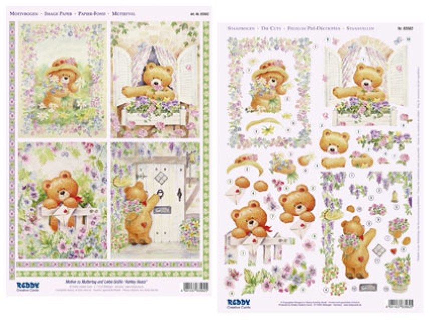 Reddy Cards  Set 3D Stanzbogen mit Hintergrundbogen "Ashley-Bären mit Blumen"