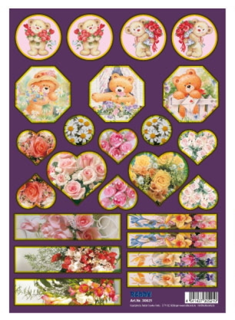 Stanzbogen mit Goldrand für Prägeboard Miniboox Teddybären und Blumen