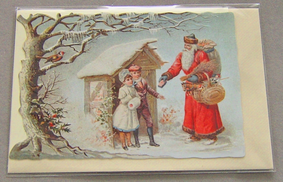 Bildkarte mit passendem Umschlag und Doppelkarte in elfenbein Motiv Weihnachtsmann vor Waldhütte