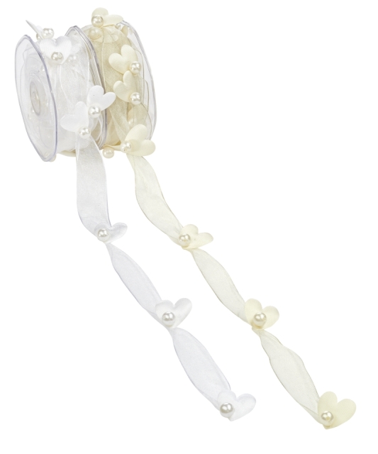Band Organza mit Herzen 40 mm pro Meter weiss