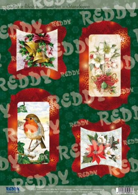 Reddy Cards Stanzbogen Glocken, Blumen, Rotkehlchen gold-laminiert, 4 Motive