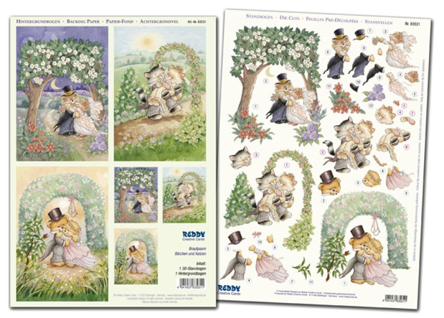 Reddy Cards  Set 3D Stanzbogen mit Hintergrundbogen Brautpaare Bärchen, Katzen