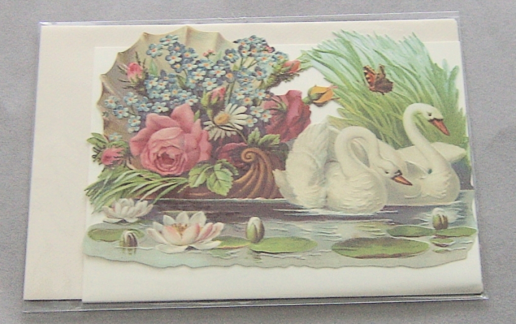 Bildkarte mit passendem Umschlag und Doppelkarte in elfenbein Motiv Blumen mit Schwänen
