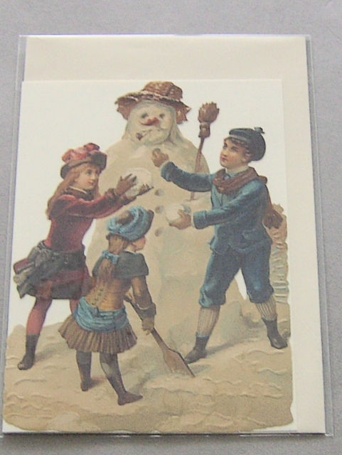 Bildkarte mit passendem Umschlag und Doppelkarte in elfenbein Motiv Schneemann mit Kindern