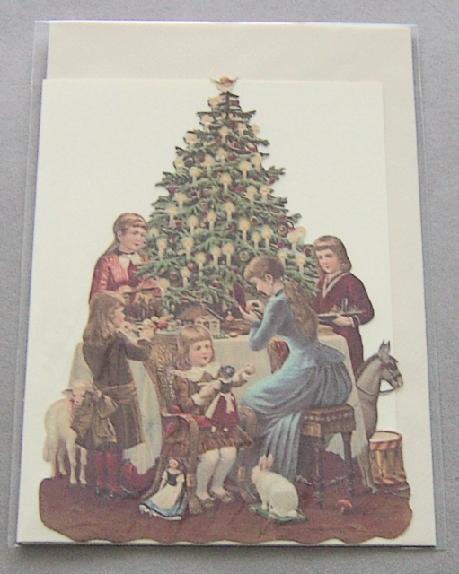 Bildkarte mit passendem Umschlag und Doppelkarte in elfenbein Motiv Weihnachten / Bescherung