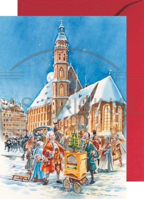 Miniadventskalender mit Umschlag J.S. Bach vor der Thomaskirche in Leipzig