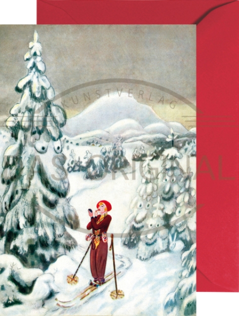 Mini Adventskalender mit Umschlag Walter Trier - Die eitle Skifahrerin