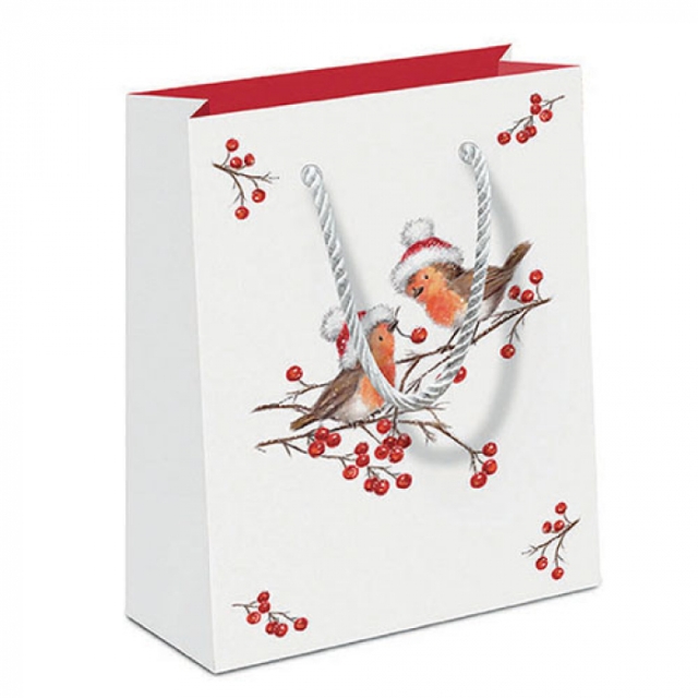 Ambiente Gift Bag Geschenktüte Christmas Robins White