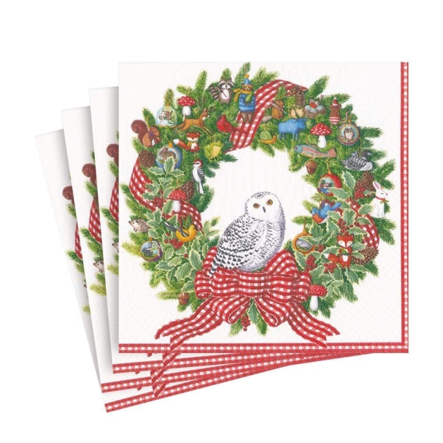 Caspari Lunch Serviette pro Stück Snowy Owl Wreath