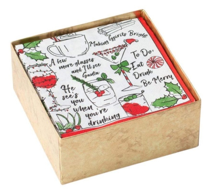 Caspari Box mit 40 Cocktail Servietten Holiday Spirits