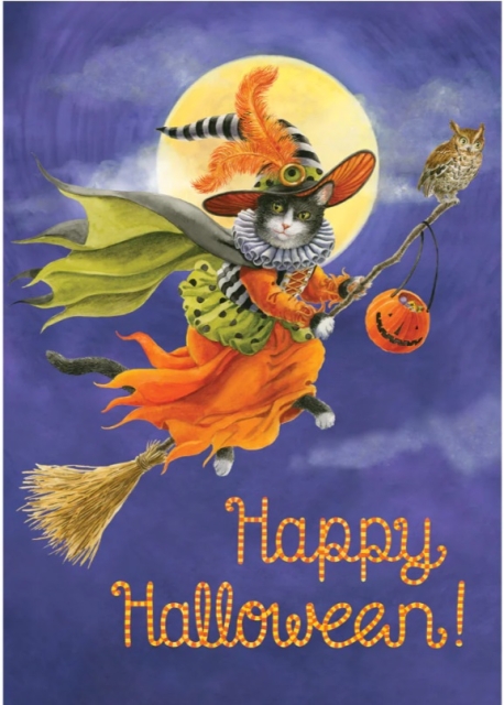 Caspari Grußkarte mit Umschlag Halloween Cat on a Broomstick