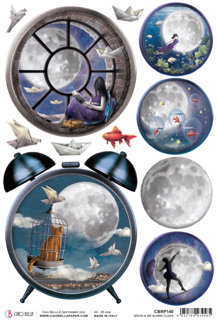 Ciao Bella Reispapier Rice Paper A4 Moon & Me Alarm Clock