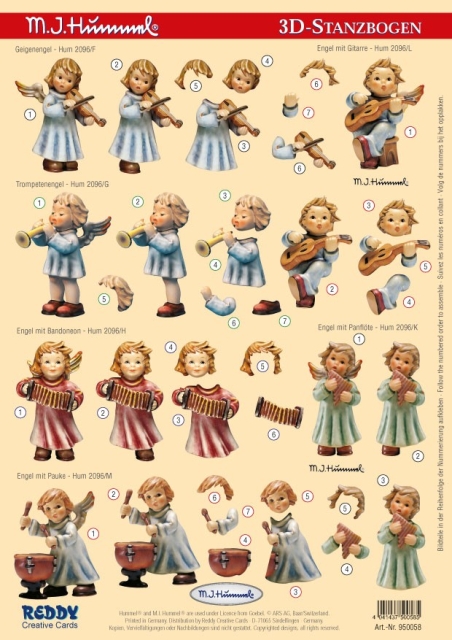 Reddy Cards 3D-Stanzbogen Geigenengel, Trompetenengel, Engel mit Gitarre, Engel mit Panflöte, Engel mit Bandoneon, Engel mit Pauke