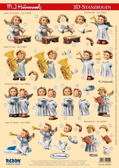 Reddy Cards 3D-Stanzbogen Engel mit Xylophon, Glockenengel, Engel mit Tuba, Engel mit Fanfare, Klangvolles Duett, Notenstudium