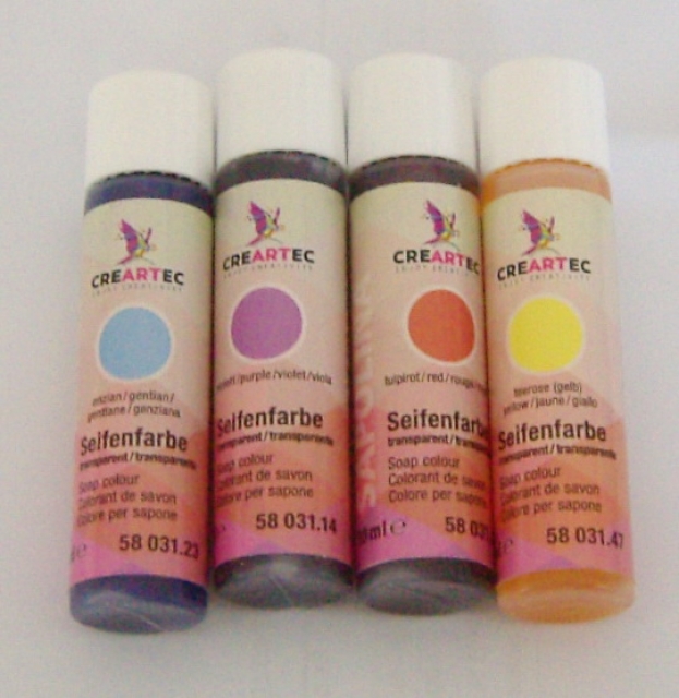 Seifenfarbe transparent 40 ml in rot, blau, violett und gelb