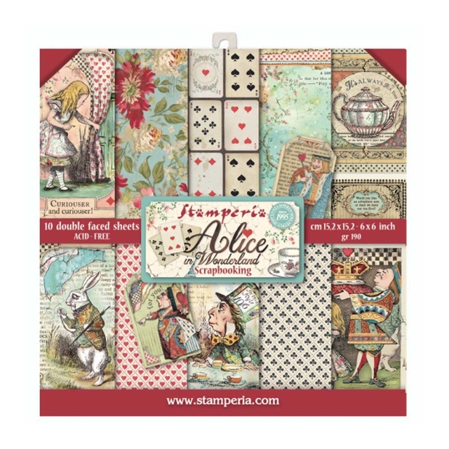 Stamperia Extra Small Pad 6 x 6 Inch mit 10 doppelseitig bedruckten Papieren Alice in Wonderland
