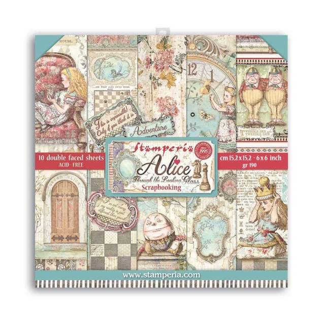 Stamperia Extra Small Pad 6 x 6 Inch mit 10 doppelseitig bedruckten Papieren Alice through the Looking Glass