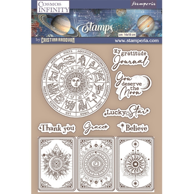 Stamperia Natural Rubber Stamp Cosmos Infinity Zodiac and Cards