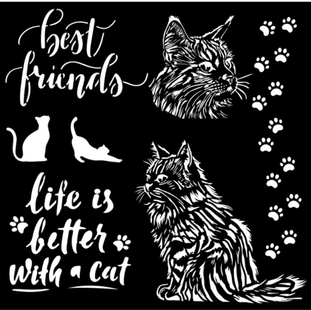Stamperia Thick Stencil Schablone 18 x 18 cm Orchids and Cats Best Friends