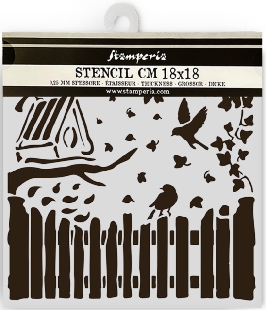 Stamperia Thick Stencil Schablone 18 x 18 cm House of Roses Fence and Birds