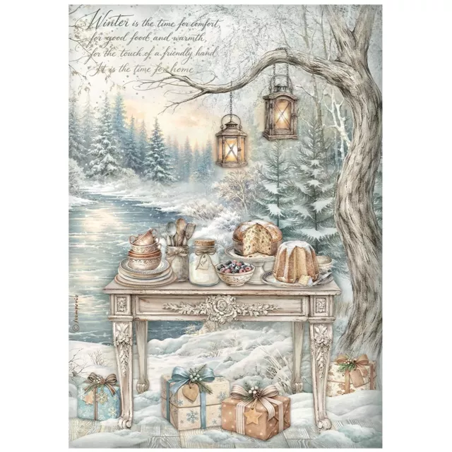 Stamperia Printed A4 Rice Paper for Art and Craft Reispapier White Christmas Festive Table by the Lake