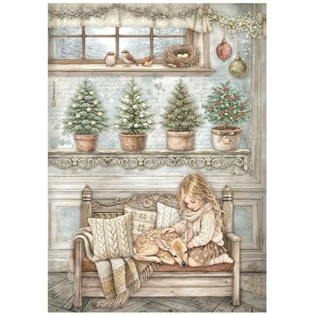 Stamperia Printed A4 Rice Paper for Art and Craft Reispapier White Christmas Little Girl and a Fawn