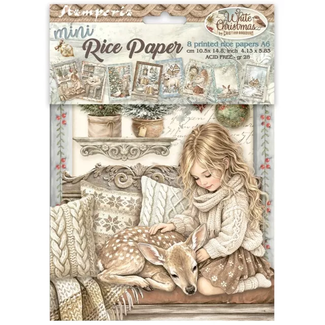 Stamperia Mini Rice Paper A6, 8 Sheets for Art and Craft Reispapier White Christmas