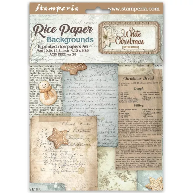 Stamperia Printed 8 Rice Paper A6 Backgrounds Selection for Art and Craft Reispapier White Christmas