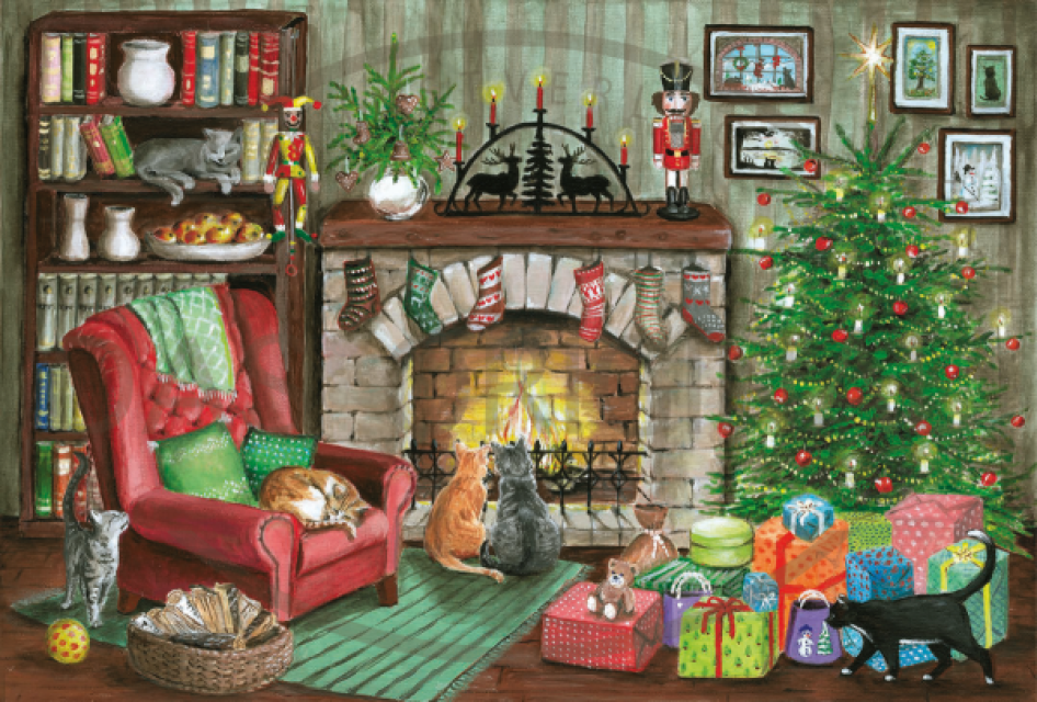 Adventskalender Katzen am Kamin