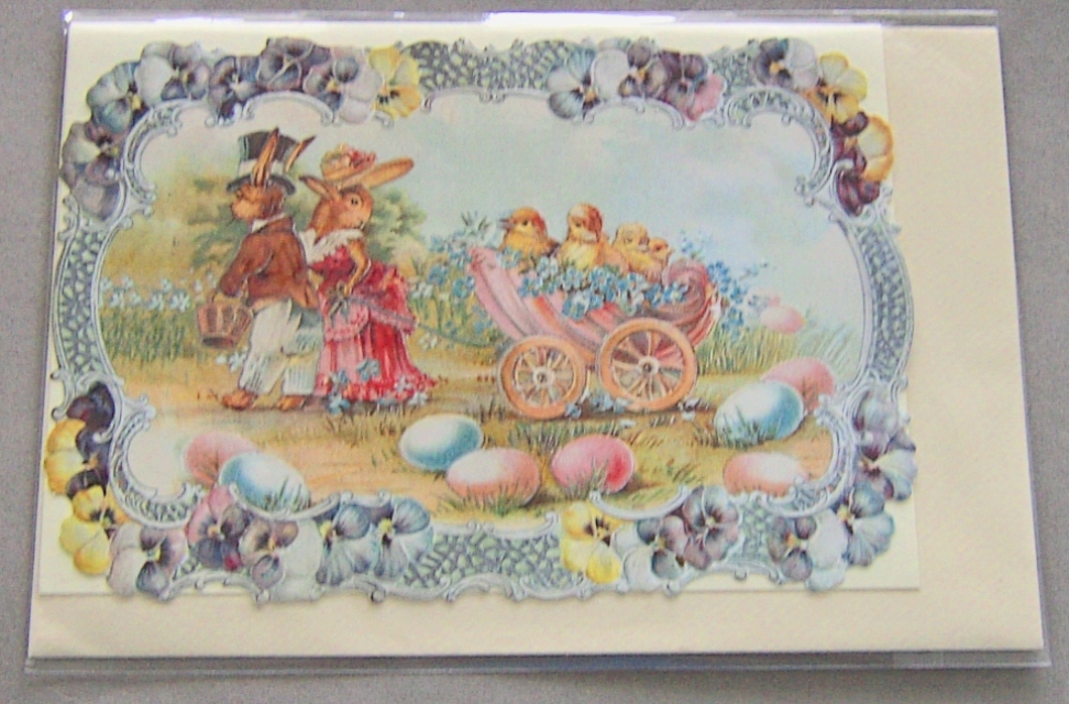 Bildkarte mit passendem Umschlag und Doppelkarte in elfenbein Motiv Osterhasen mit Karren