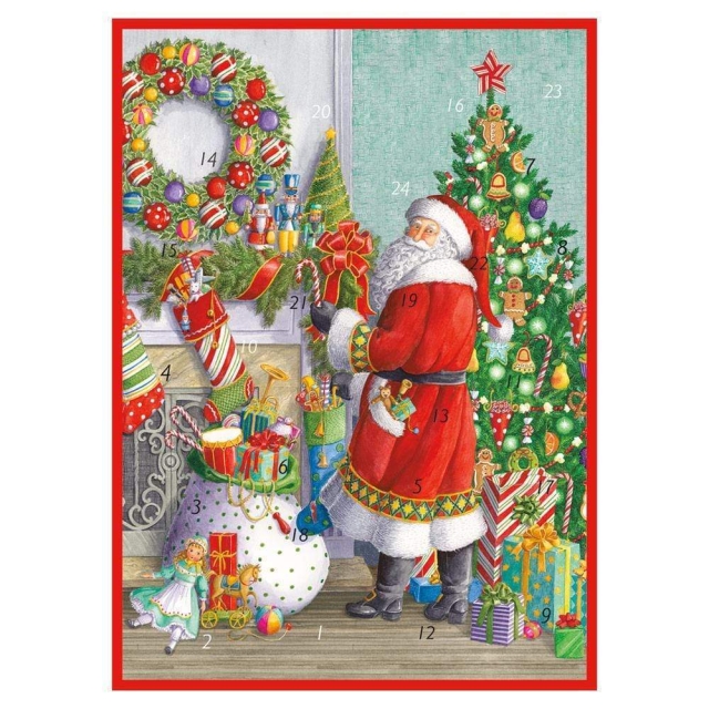 Caspari Adventskalender Karte Santa at the Mantle