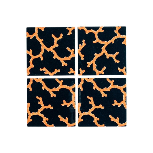 Caspari Glasuntersetzer Lack Set mit 4 Stück im Halter The Coral Sea Lacquer Coaster Set