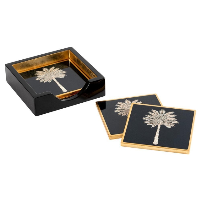 Caspari Glasuntersetzer Lack Set mit 4 Stück im Halter Grand Palms Square Lacquer Coaster in Holder