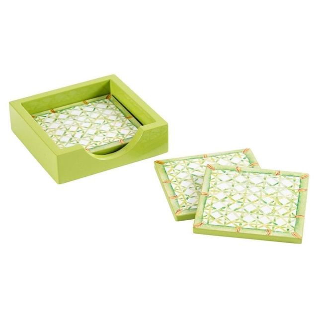 Caspari Glasuntersetzer Lack Set mit 4 Stück im Halter Lacquer Coaster in Holder Green Trellis