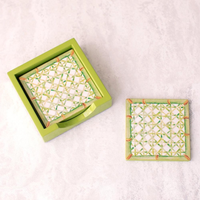 Caspari Glasuntersetzer Lack Set mit 4 Stück im Halter Lacquer Coaster in Holder Green Trellis