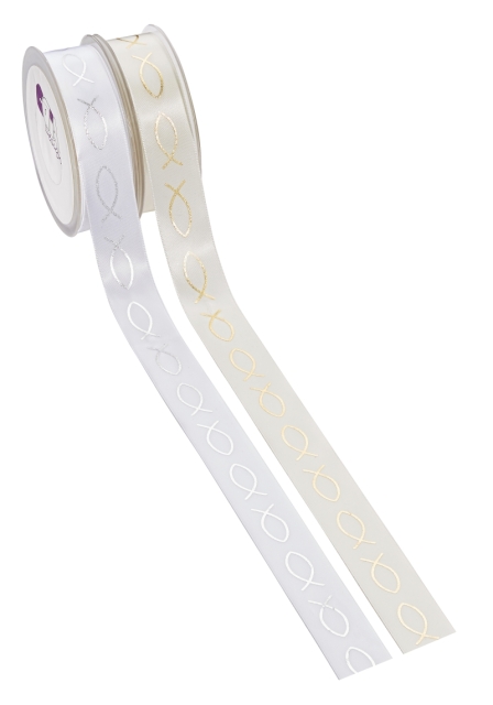 Satin-Band Fische 23 mm pro Meter weiss / silber