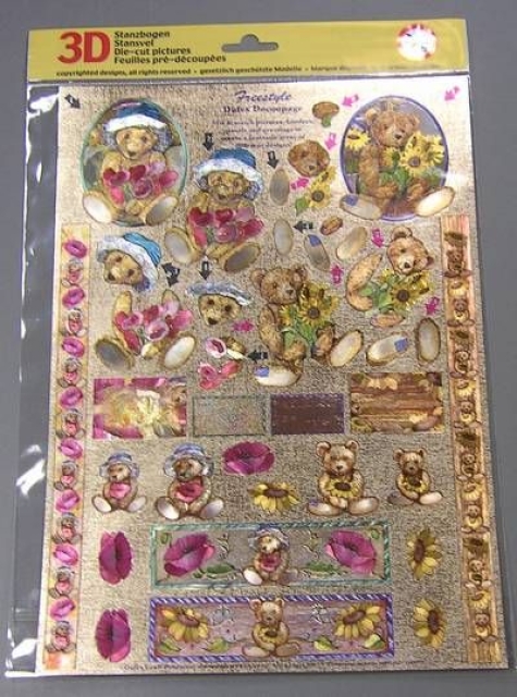 3D Metallgravur Stanzbogen Teddies und Blumen