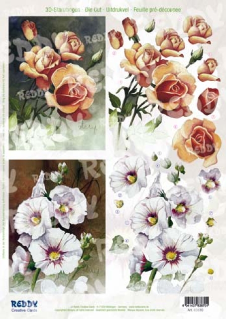 3D Stanzbogenset Blumen, Rose und Stockmalve