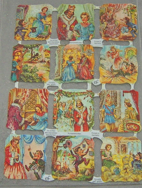 Poesiebild 24 x 17 cm Märchen Rumpelstilzchen I 50er Jahre Glimmer silber