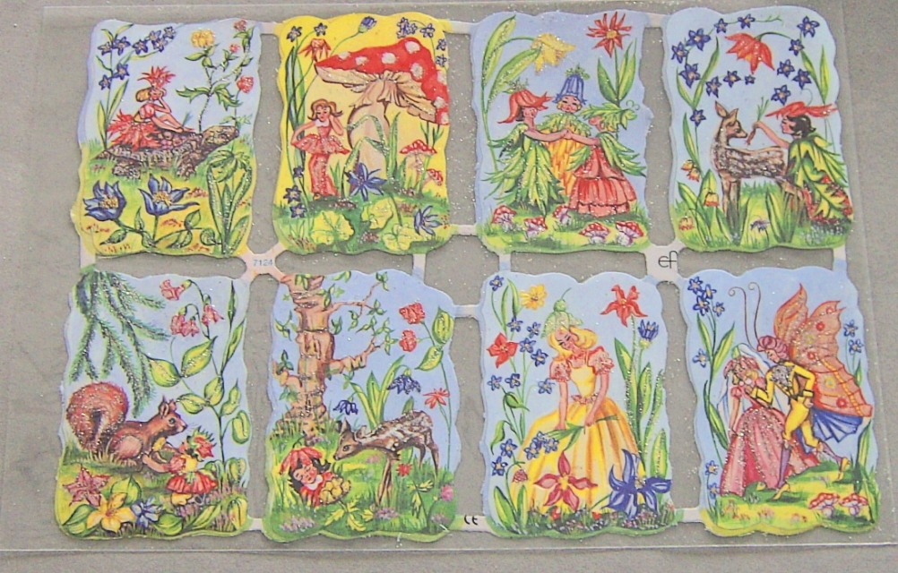 Poesiebild 24 x 17 cm Märchen 8 Elfen 50er Jahre Glimmer silber