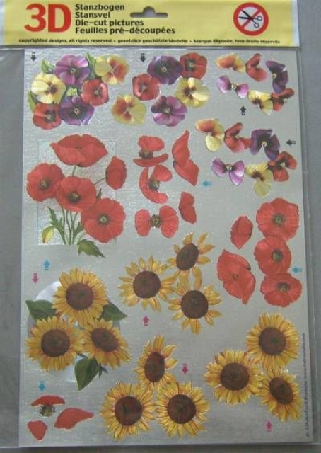 Dufex 3 D Stanzbogen, Veilchen, Mohn und Sonnenblumen