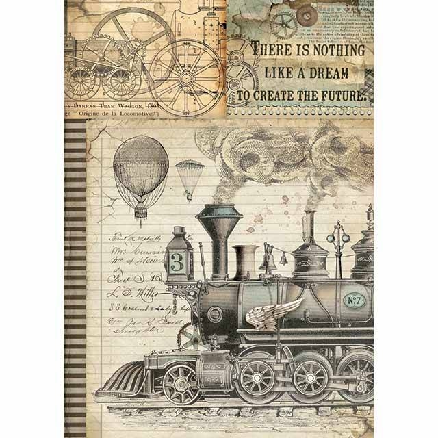 Stamperia A4 Rice Paper Reispapier packed Voyages Fantastiques Train