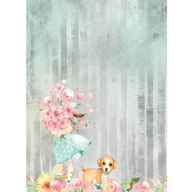 Stamperia A4 Rice Paper Reispapier Circle of Love bouquet and dog