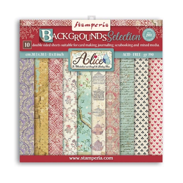 Stamperia 8 x 8 inch Small Paper Pad / 10 Papiere Alice Backgrounds Selection