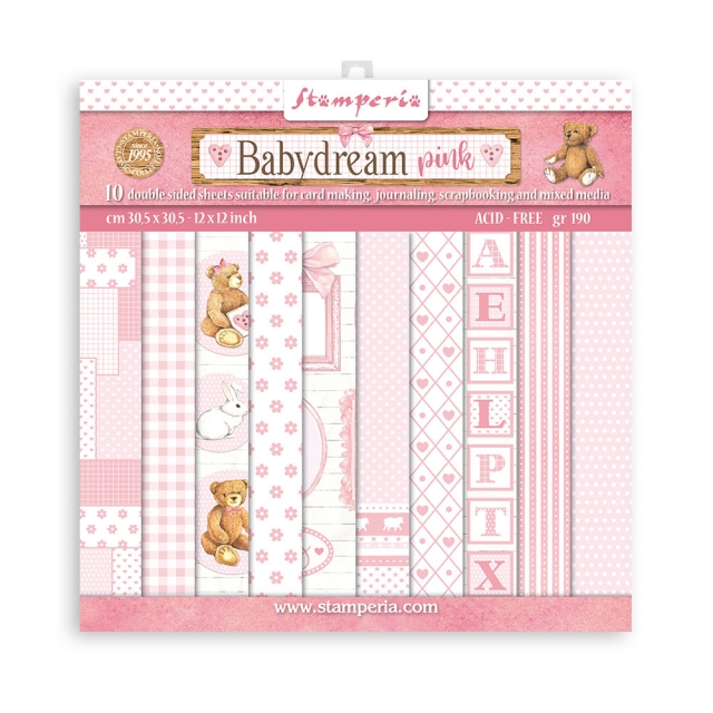 Stamperia 8 x 8 inch Small Paper Pad / 10 Papiere Background Selection Baby Dream Pink