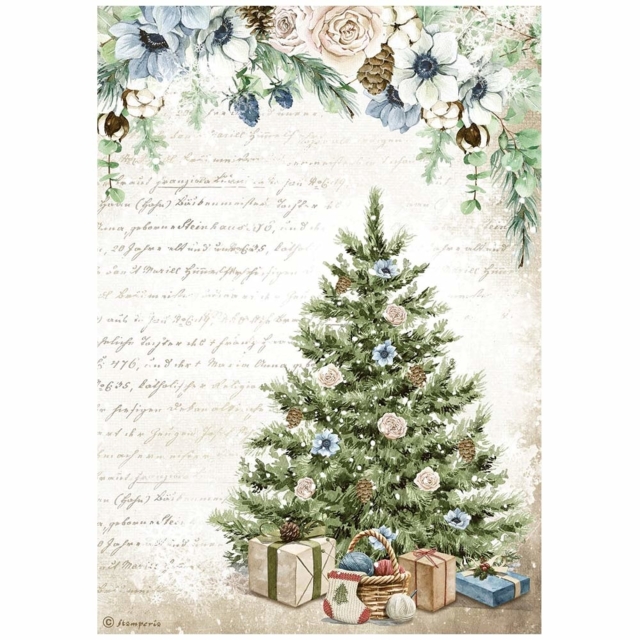 Stamperia A4 Rice Paper Reispapier Romantic Cozy Winter Blue Tree