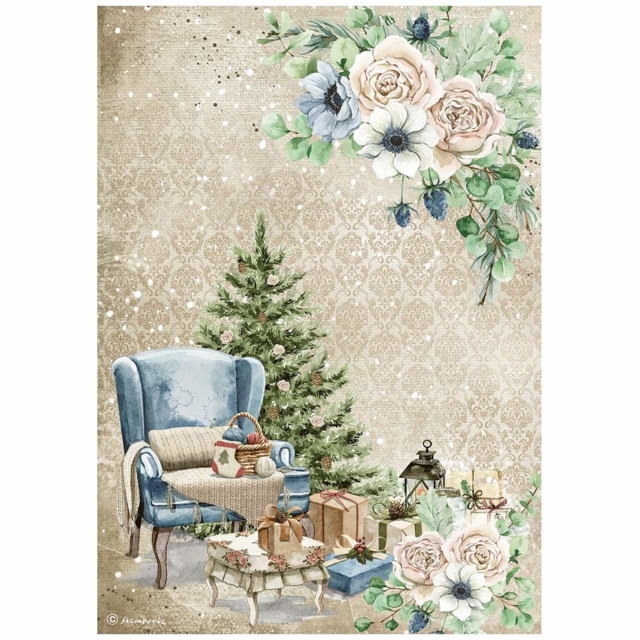 Stamperia A4 Rice Paper Reispapier Romantic Cozy Winter Blue Chair