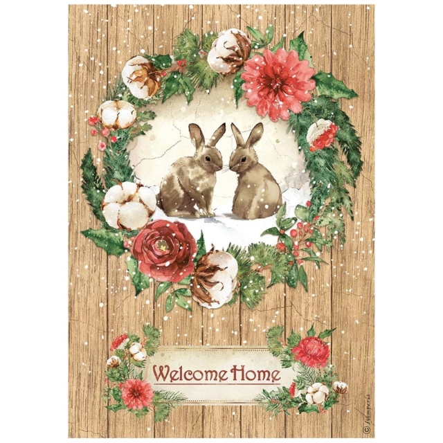 Stamperia A4 Rice Paper Reispapier Romantic Home for the Holidays Welcome Home Bunnies